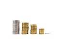 Coins in silver and gold color on white background Royalty Free Stock Photo
