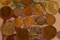 Coins Soviet copeck from 1926 to 1988 against the backdrop of paper rubles of those years