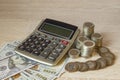 Coins Stack, calculator, currency icons different countries. Concept of money saving, financial. Savings money,income Investment