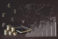 Coins Stack, calculator, virtual hologram stat, graph, world map, currency icons different countries. Concept of money saving.