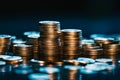 Coins and stack in close up, against black background with blue filter