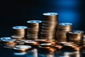 Coins and stack in close up, against black background with blue filter