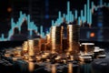 Coins stack with dynamic stock market graph in 3D rendering