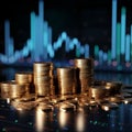 Coins stack with dynamic stock market graph in 3D rendering