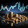 Coins stack with dynamic stock market graph in 3D rendering