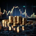 Coins stack with dynamic stock market graph in 3D rendering
