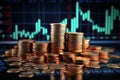 Coins stack with dynamic stock market graph in 3D rendering