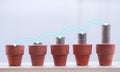 Coins stack in mini pots. Growth rate of cash deposit, salary earning, income, investment and saving money for sustainable