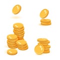 Coins stack set vector illustration, icon flat finance heap, dollar coin pile. Golden money standing on stacked, gold piece isolat Royalty Free Stock Photo