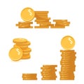 Coins stack set vector illustration, icon flat finance heap, dollar coin pile. Golden money standing on stacked, gold piece isolat Royalty Free Stock Photo