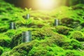 coins stack with step growing plant and sunshine background. concept saving money Royalty Free Stock Photo