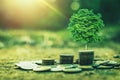 coins stack with step growing plant and sunshine background. concept saving money Royalty Free Stock Photo