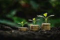coins stack with step growing plant and sunshine background. concept saving money Royalty Free Stock Photo