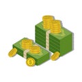 Coins stack vector illustration, flat coin money stacked flat icon, golden penny cash pile, treasure heap isolated on color Royalty Free Stock Photo