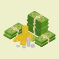 Coins stack vector illustration, flat coin money stacked flat icon, golden penny cash pile, treasure heap isolated on color