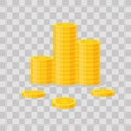 Coins stack vector illustration, icon flat finance heap, dollar coin pile. Golden money standing on stacked, gold piece