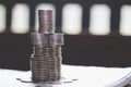 Coins stacked on each other in different positions, Money saving, financial risk management, business investment Royalty Free Stock Photo