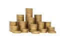 Coins stacked on each other in different positions, Money saving, financial risk management, business investment Royalty Free Stock Photo
