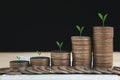 Coins stacked of money on saving account book from bank and tree growing up on it, step of financial stock market