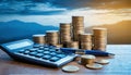 Coins stacked on a wooden desk with a pen and calculator. Concept of business and finance