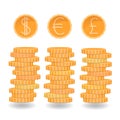 Coins stacks, dollar, euro, pound coins, different currencies, golden coins, metal money rouleau, vector money Royalty Free Stock Photo