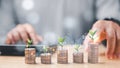 Coins tower stacked on desk wooden, Business finance and saving money investment, Money coin stack growing graph concept. graph Royalty Free Stock Photo