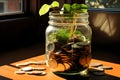 Coins in a transparent glass jar, a vibrant green plant unfurls its delicate leaves. AI Generated