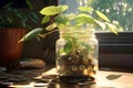 Coins in a transparent glass jar, a vibrant green plant unfurls its delicate leaves. AI Generated