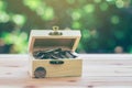 Coins in Treasure Chest indicate savings to buy a home and business growth. Royalty Free Stock Photo