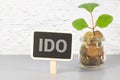 coins, a tree, and IDO on a black plaque. Royalty Free Stock Photo