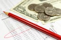 Coins with US dollars banknotes and red pencil on the background of table of exchange rates. Focus in the text Royalty Free Stock Photo