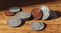 Coins of varying denominations and colors are scattered on a wooden surface.