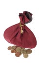 Coins and velvet pouch Royalty Free Stock Photo