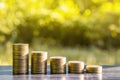 Coins and young plant growing on the soil for saving or nature c Royalty Free Stock Photo