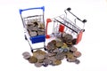 Coint of currency on small shopping trolley. Royalty Free Stock Photo