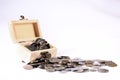 Coint of currency on small wooden box Royalty Free Stock Photo