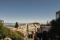 Coit Tower and San Francisco city as viewed from the intersection of Lombard & Hyde Street Royalty Free Stock Photo