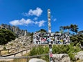 Col de Bavella with virgin statue, Notre Dame de Neige and sign indicating Bocca di Bavedda, Corsica, France.