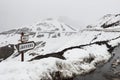 Signposting at Col de la Bonette, snowy Maritime Alps, France Royalty Free Stock Photo