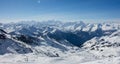 Col de thorens peclet val thorens valley view sun snowy mountain landscape France alpes 3 vallees Royalty Free Stock Photo