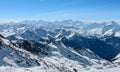 Col de thorens peclet val thorens valley view sun snowy mountain landscape France alpes 3 vallees Royalty Free Stock Photo