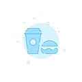 Cola, burger flat vector icon. Filled line style. Blue monochrome design. Editable stroke