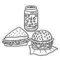 Cola, Burger, and Sandwich Isolated Coloring Page