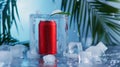 cola can stands on an ice stage with ice cubes and palm leaf decoration. Generative Ai Royalty Free Stock Photo