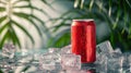 cola can stands on an ice stage with ice cubes and palm leaf decoration. Generative Ai Royalty Free Stock Photo