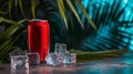 cola can stands on an ice stage with ice cubes and palm leaf decoration. Generative Ai Royalty Free Stock Photo