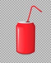 Cola drink in a red metal bank bottle cup with sticks isolated Vector Illustration on a transparent background. Aerated