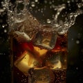 Cola with Ice. Close up of the ice cubes in cola water. Texture of carbonate drink with bubbles in glass. Cola soda and Royalty Free Stock Photo