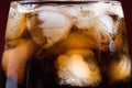 Cola with ice cubes in a close-up glass