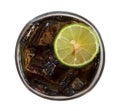 Cola with ice cubes and lemon slice in glass top view isolated on white background, path Royalty Free Stock Photo